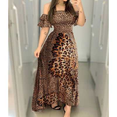 Off Shoulder Ruffle Leopard Print Dress