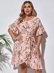 Plus Size Floral Print Ruffle Midi Dress