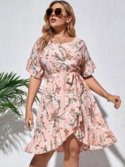 Plus Size Floral Print Ruffle Midi Dress